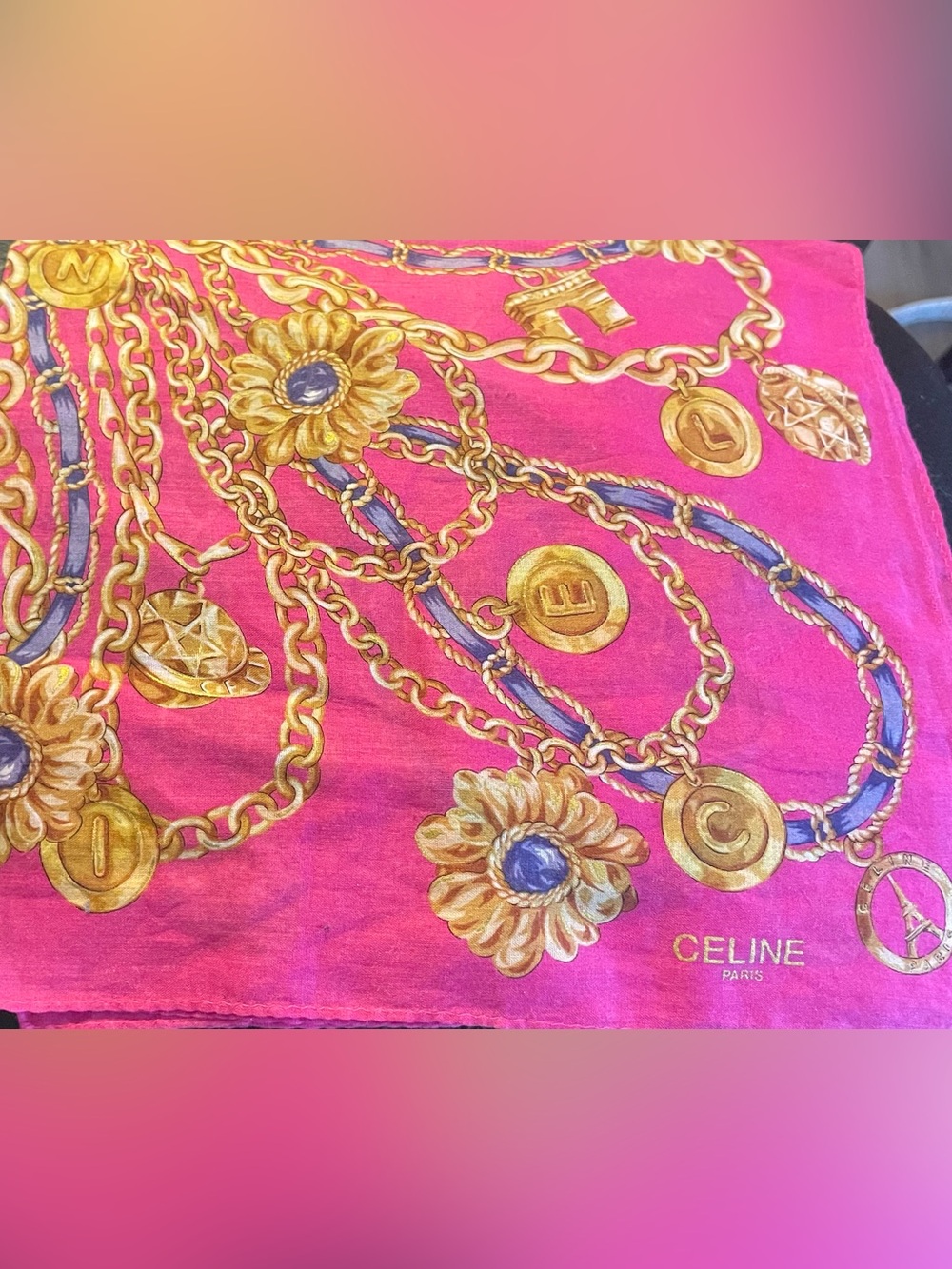 Celine Pink sheer Scarf with Gold Chain & Floral Motifs